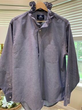Stafford Blue Button-Front Ruffle Collar Shirt re-imagined for women